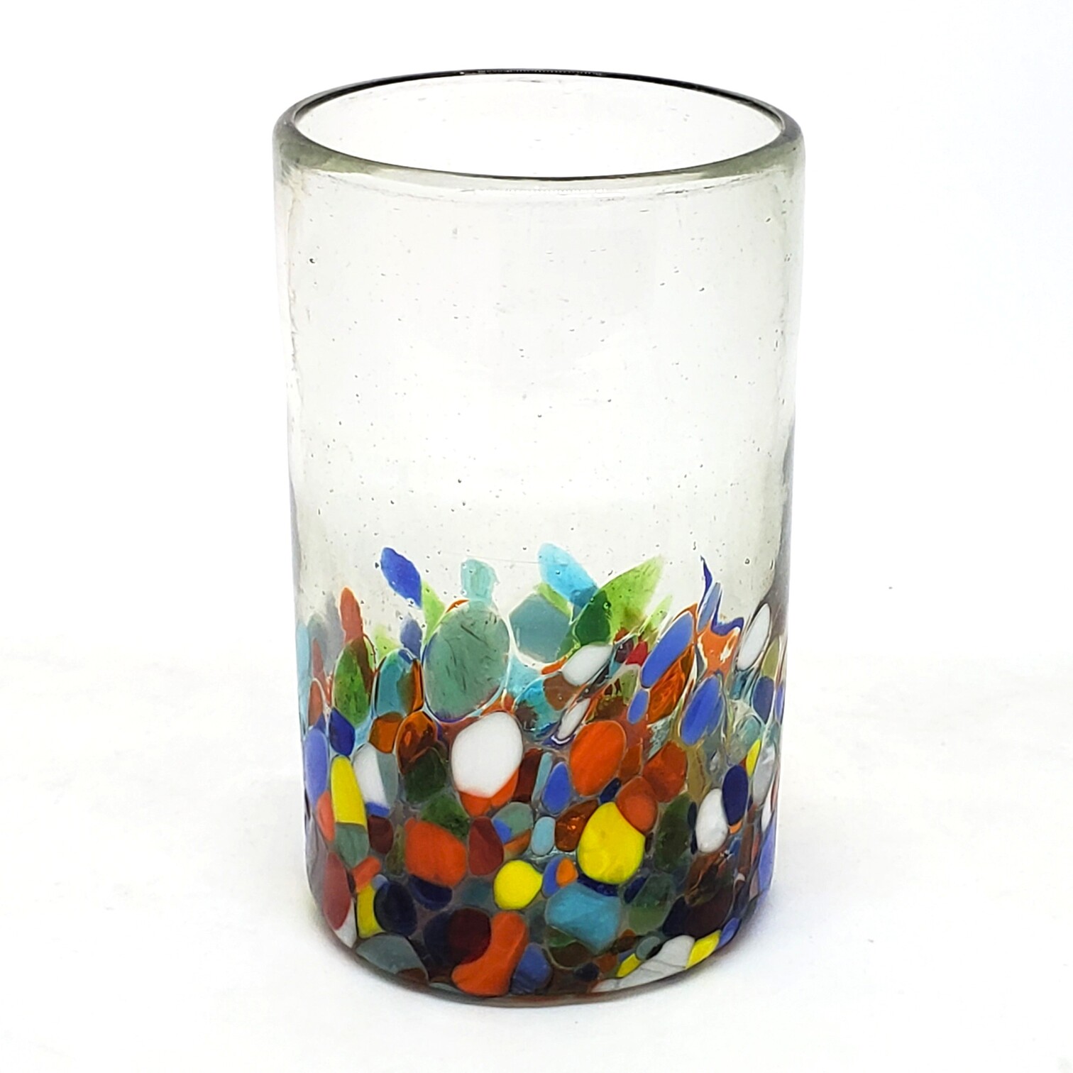 MEXICAN GLASSWARE / Clear & Confetti 14 oz Drinking Glasses (set of 6) / Our Clear & Confetti drinking glasses combine the best of two worlds: clear, thick, sturdy handcrafted glass on top, meets the colorful, festive, confetti bottom! These glasses will sure be a standout in any table setting or as a fabulous gift for your loved ones. Crafted one by one by skilled artisans in Tonala, Mexico, each glass is different from the next making them unique works of art. You'll be amazed at how they make having a simple glass of water a happier experience. Made from eco-friendly recycled glass.